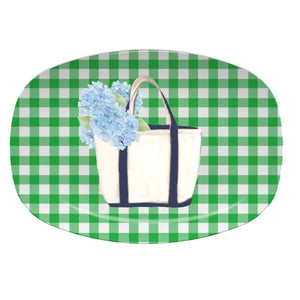 Platter - Canvas Tote with Hydrangeas: Green Gingham