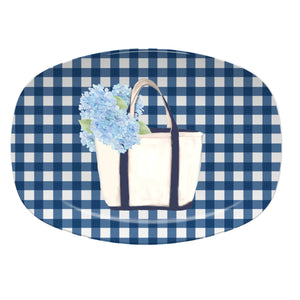 Platter - Canvas Tote with Hydrangeas: Blue Gingham