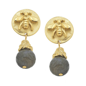 Gold Bee and Genuine Labradorite Earrings