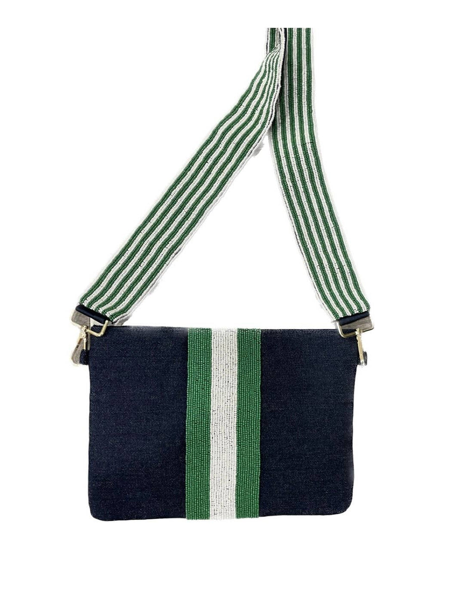 Green and White Beaded Crossbody Bag